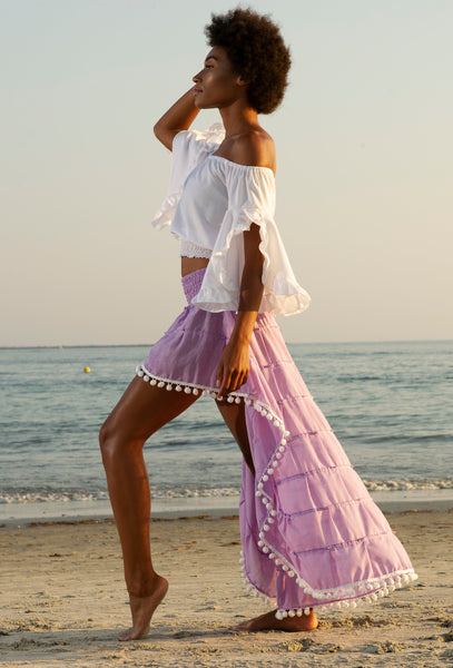 Lilac Flirt Skirt Beach Cover with White Pom Poms