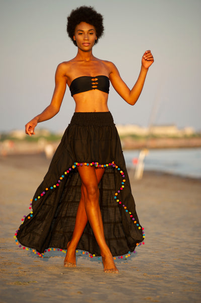Black Flirt Skirt Beach Cover with Rainbow Pom Poms