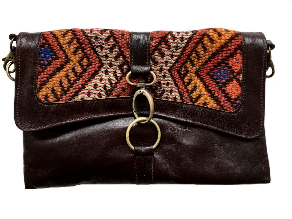 Leather Clutch with Berber Rug Accent - Dark Brown